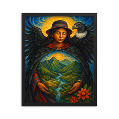 Pachamama Andean mother earth with condor mantle framed print on a plain backdrop in size 16"x20".