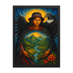 Pachamama Andean mother earth with condor mantle framed print on a plain backdrop in size 18"x24".