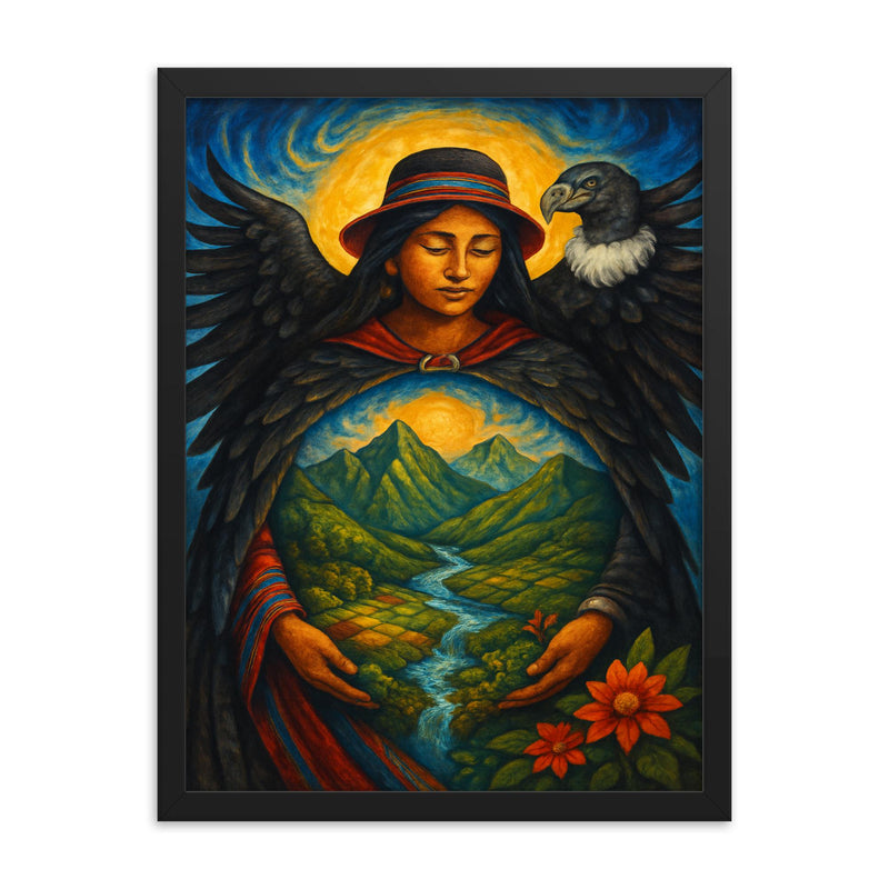 Pachamama Andean mother earth with condor mantle framed print on a plain backdrop in size 18