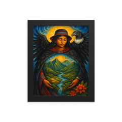 Pachamama Andean mother earth with condor mantle framed print on a plain backdrop in size 8"x10".