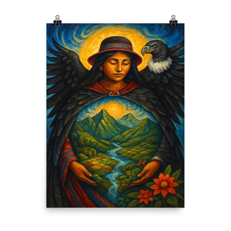 Pachamama Andean mother earth with condor mantle poster on a plain backdrop in size 8