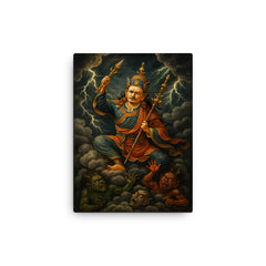 Padmasambhava subduing demons in storm clouds canvas print on a plain backdrop in size 12"x16".