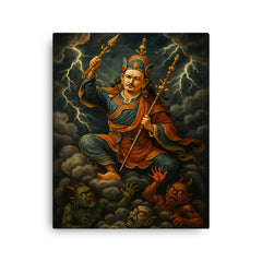Padmasambhava subduing demons in storm clouds canvas print on a plain backdrop in size 16"x20".