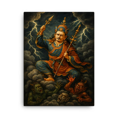 Padmasambhava subduing demons in storm clouds canvas print on a plain backdrop in size 18"x24".
