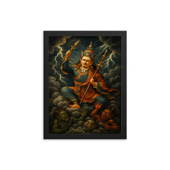 Padmasambhava subduing demons in storm clouds framed print on a plain backdrop in size 12"x16".