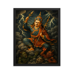 Padmasambhava subduing demons in storm clouds framed print on a plain backdrop in size 16"x20".
