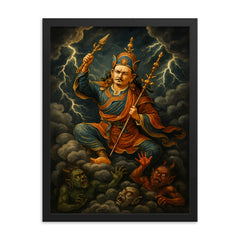 Padmasambhava subduing demons in storm clouds framed print on a plain backdrop in size 18"x24".