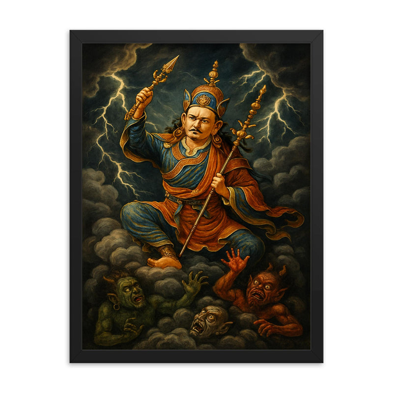 Padmasambhava subduing demons in storm clouds framed print on a plain backdrop in size 18
