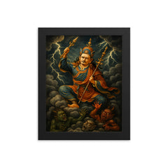 Padmasambhava subduing demons in storm clouds framed print on a plain backdrop in size 8"x10".