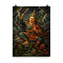 Padmasambhava subduing demons in storm clouds poster on a plain backdrop in size 8"x10".