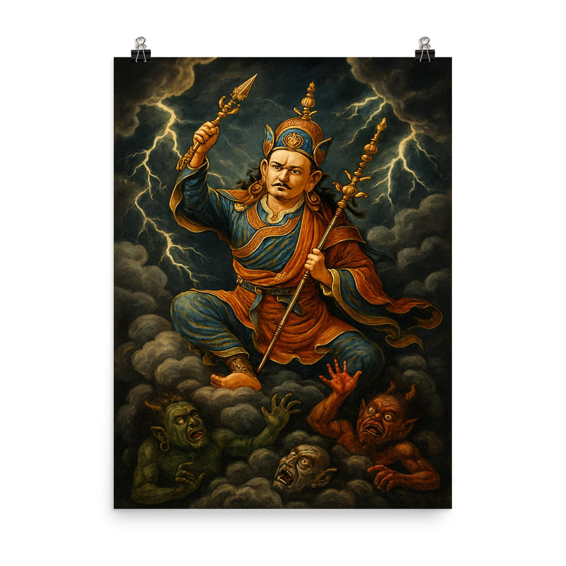 Padmasambhava subduing demons in storm clouds poster on a plain backdrop in size 8