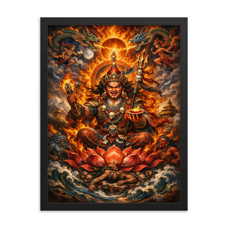 Padmasambhava wrathful lotus born vision framed print on a plain backdrop in size 18