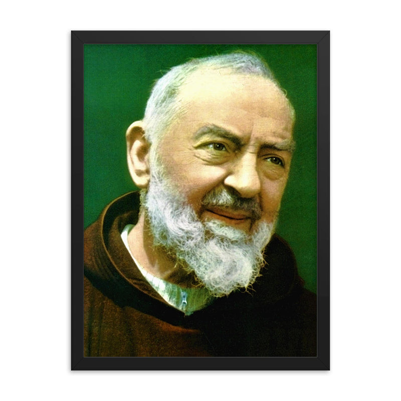 Padre Pio framed print on a plain backdrop in size 18