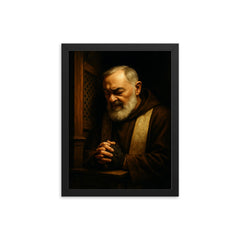 Padre Pio in dramatic confessional shadow framed print on a plain backdrop in size 12"x16".