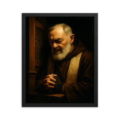 Padre Pio in dramatic confessional shadow framed print on a plain backdrop in size 16"x20".