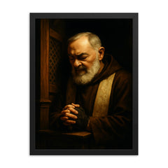 Padre Pio in dramatic confessional shadow framed print on a plain backdrop in size 18"x24".