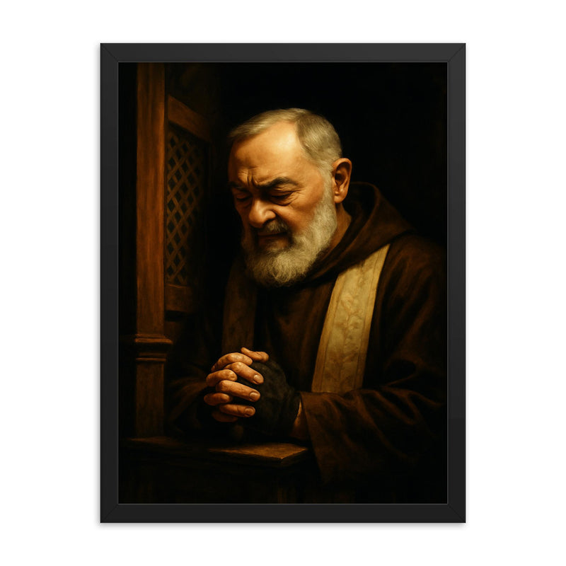 Padre Pio in dramatic confessional shadow framed print on a plain backdrop in size 18