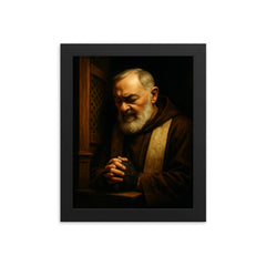 Padre Pio in dramatic confessional shadow framed print on a plain backdrop in size 8"x10".
