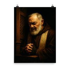 Padre Pio in dramatic confessional shadow poster on a plain backdrop in size 8"x10".