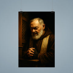 Padre Pio in dramatic confessional shadow poster 9