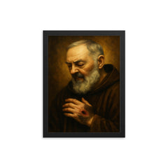 Padre Pio stigmata contemplative portrait framed print on a plain backdrop in size 12"x16".