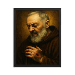 Padre Pio stigmata contemplative portrait framed print on a plain backdrop in size 16"x20".