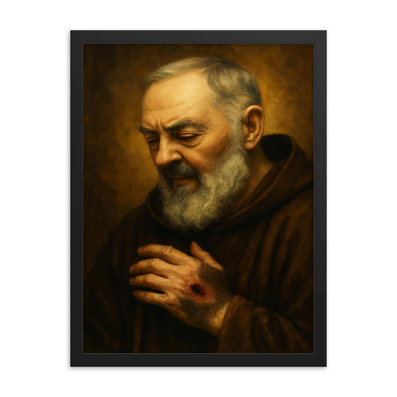 Padre Pio stigmata contemplative portrait framed print on a plain backdrop in size 18