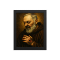 Padre Pio stigmata contemplative portrait framed print on a plain backdrop in size 8"x10".
