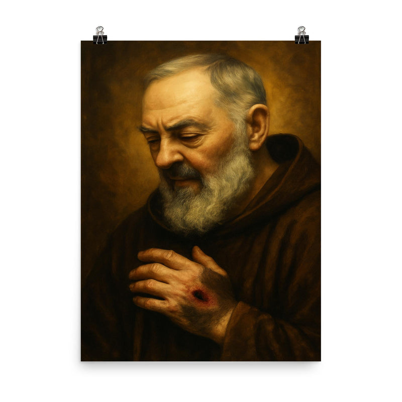 Padre Pio stigmata contemplative portrait poster on a plain backdrop in size 8
