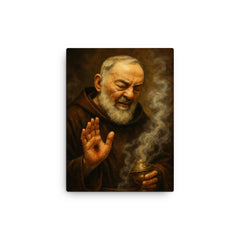 Padre Pio with stigmata and incense haze canvas print on a plain backdrop in size 12"x16".
