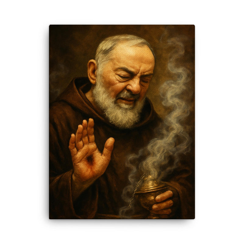 Padre Pio with stigmata and incense haze canvas print on a plain backdrop in size 18