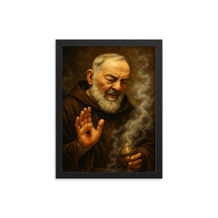 Padre Pio with stigmata and incense haze framed print on a plain backdrop in size 12"x16".