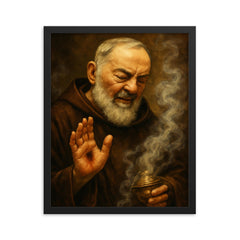 Padre Pio with stigmata and incense haze framed print on a plain backdrop in size 16"x20".