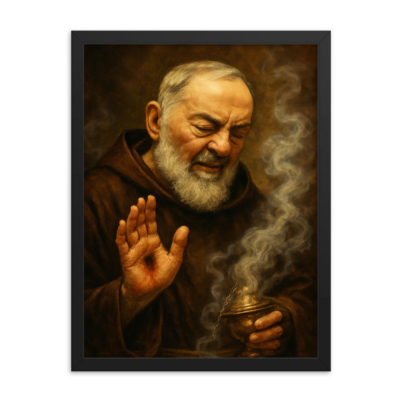 Padre Pio with stigmata and incense haze framed print on a plain backdrop in size 18