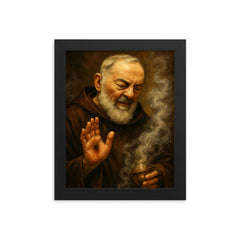 Padre Pio with stigmata and incense haze framed print on a plain backdrop in size 8"x10".