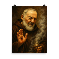 Padre Pio with stigmata and incense haze poster on a plain backdrop in size 8"x10".