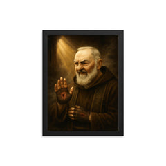 Padre Pio with stigmata and smoky confessional light framed print on a plain backdrop in size 12"x16".