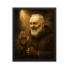 Padre Pio with stigmata and smoky confessional light framed print on a plain backdrop in size 16"x20".