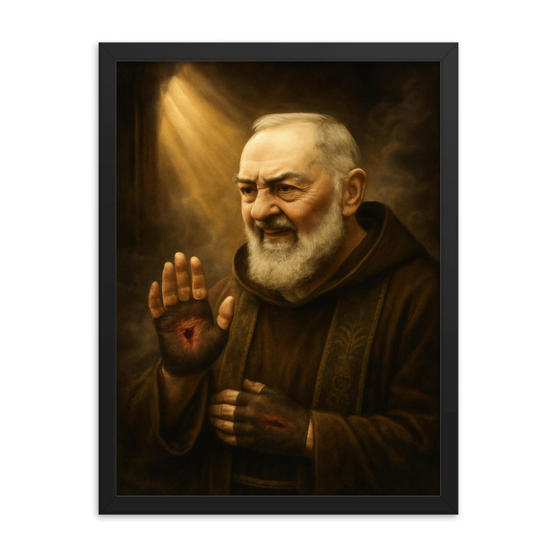 Padre Pio with stigmata and smoky confessional light framed print on a plain backdrop in size 18