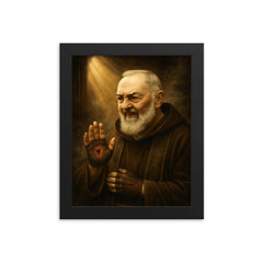 Padre Pio with stigmata and smoky confessional light framed print on a plain backdrop in size 8"x10".