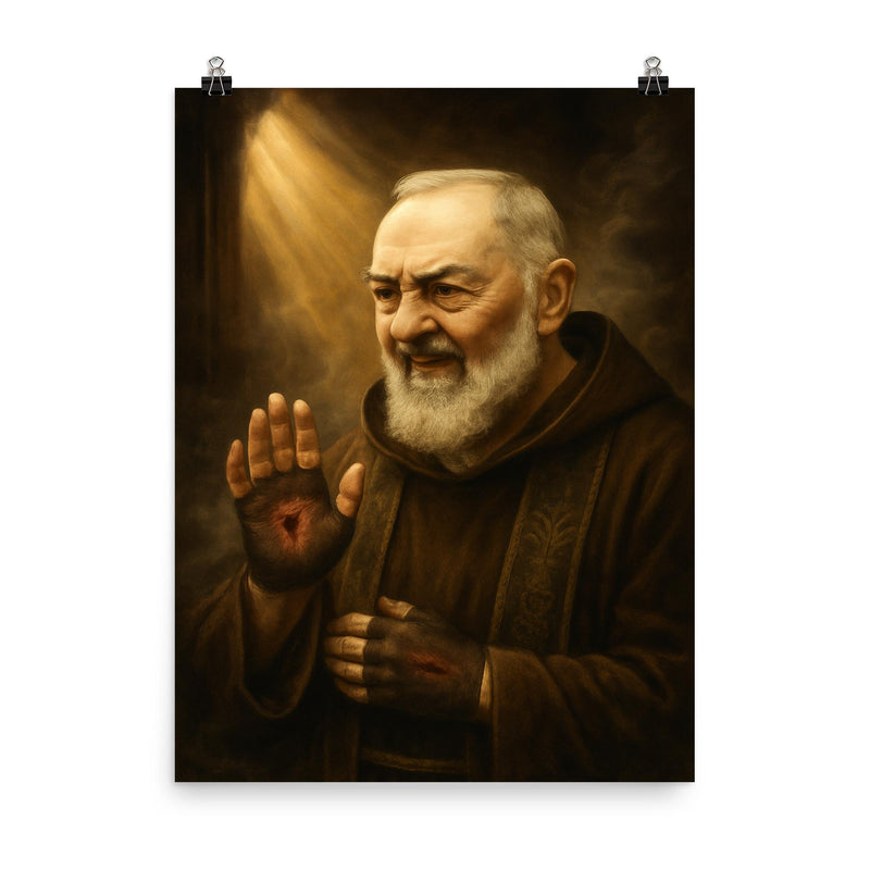 Padre Pio with stigmata and smoky confessional light poster on a plain backdrop in size 8