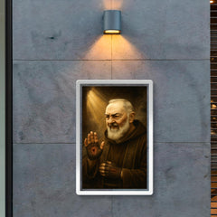 Padre Pio with stigmata and smoky confessional light poster 2