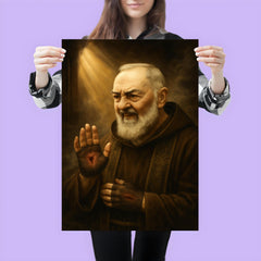 Padre Pio with stigmata and smoky confessional light poster 3