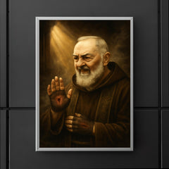 Padre Pio with stigmata and smoky confessional light poster 5