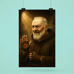 Padre Pio with stigmata and smoky confessional light poster 6