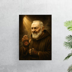 Padre Pio with stigmata and smoky confessional light poster 7