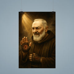 Padre Pio with stigmata and smoky confessional light poster 9