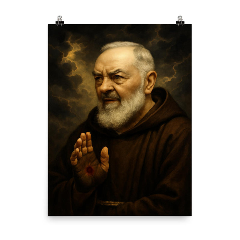 Padre Pio with stigmata and storm clouds poster on a plain backdrop in size 8