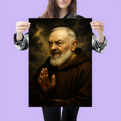Padre Pio with stigmata and storm clouds poster 3