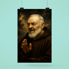 Padre Pio with stigmata and storm clouds poster 6